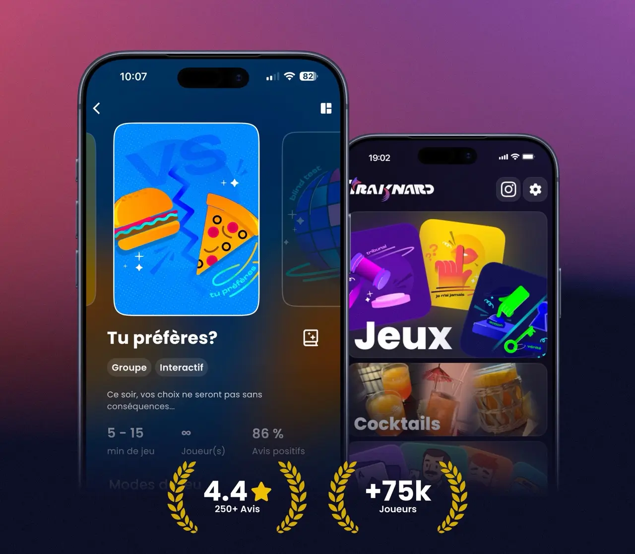 L'application Traknard sur iPhone : la fiche du jeu et l'écran de sélection des jeux